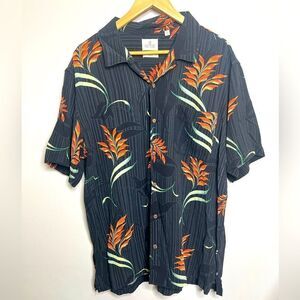 Solitude Men's XL Black Floral Washable Silk Tropical Aloha Button-Up Shirt